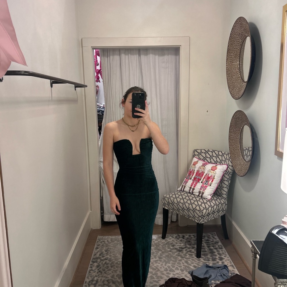12th Tribe Dark Green Strapless Velvet Gown